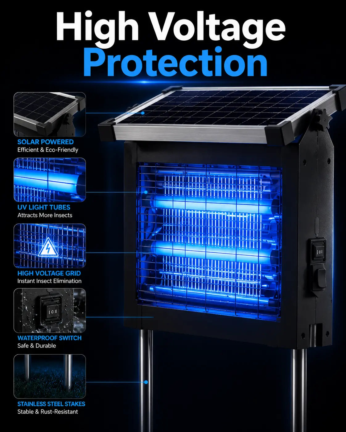 Bug Zapper Outdoor Solar Powered, Mosquito Zapper Indoor with 4500V High Powered, Electric Fly Zapper with Extension Cord and Grounding Bracket, Rechargeable Waterproof Mosquito Killer, Fly Zapper, Mosquito Killer, Electric Trap Ideal for Patio, Backyard